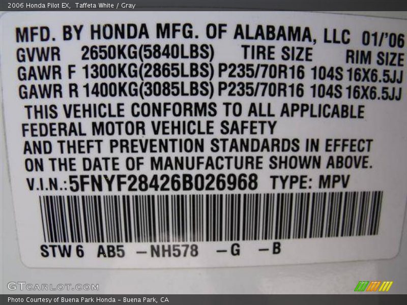 Taffeta White / Gray 2006 Honda Pilot EX