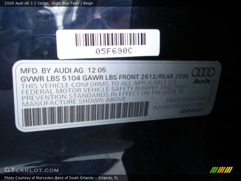 Night Blue Pearl / Beige 2006 Audi A6 3.2 Sedan