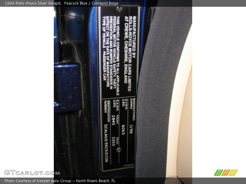 Info Tag of 1999 Silver Seraph 