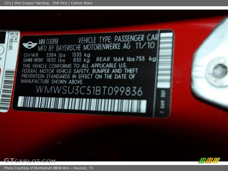 Chili Red / Carbon Black 2011 Mini Cooper Hardtop