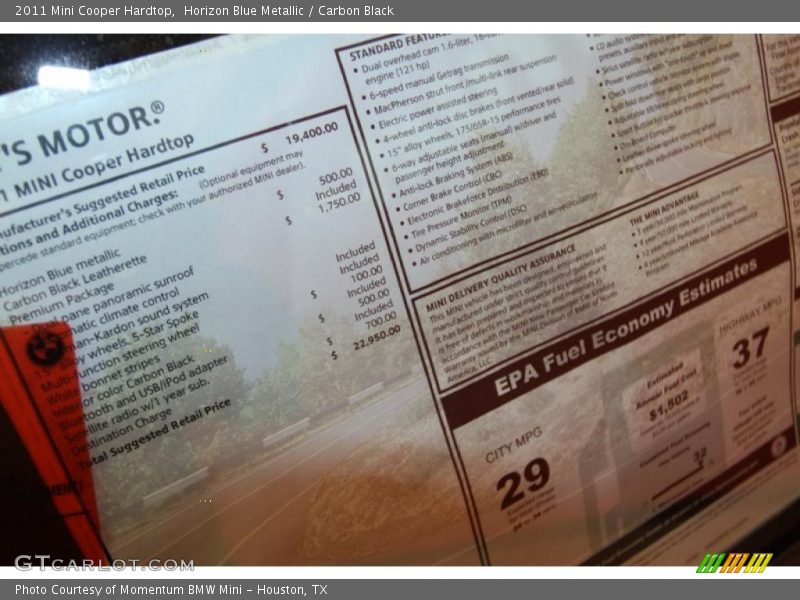 Horizon Blue Metallic / Carbon Black 2011 Mini Cooper Hardtop