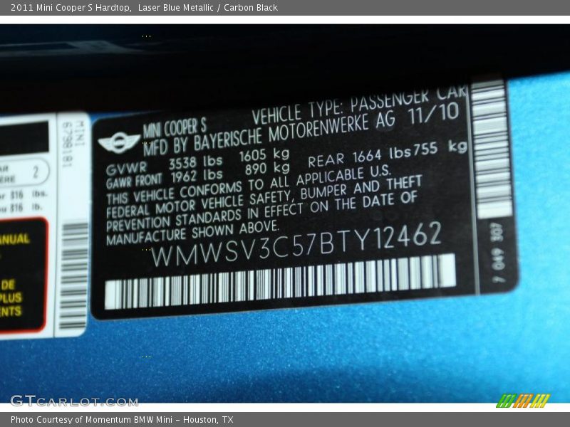 Laser Blue Metallic / Carbon Black 2011 Mini Cooper S Hardtop