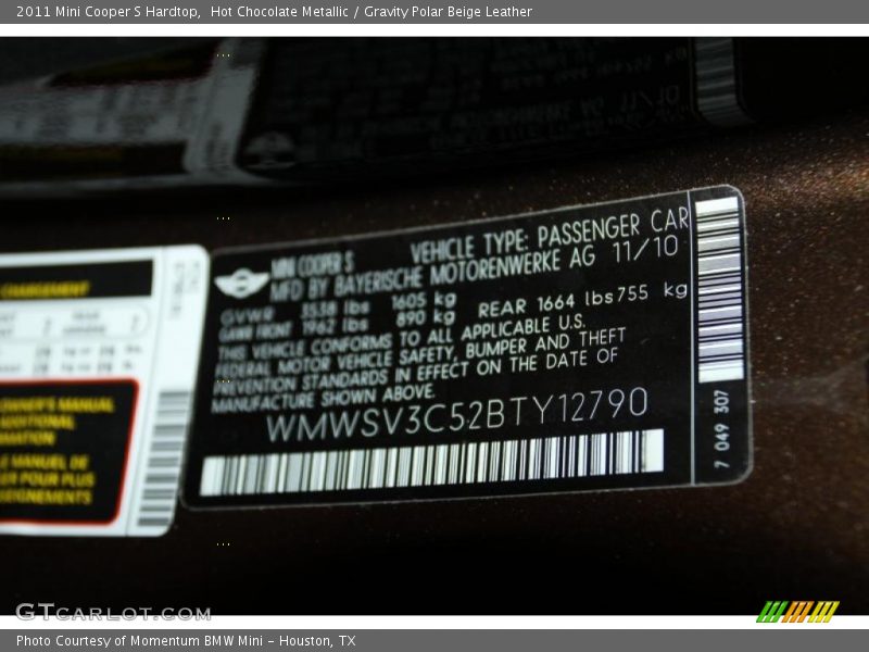 Hot Chocolate Metallic / Gravity Polar Beige Leather 2011 Mini Cooper S Hardtop