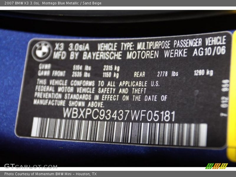Montego Blue Metallic / Sand Beige 2007 BMW X3 3.0si