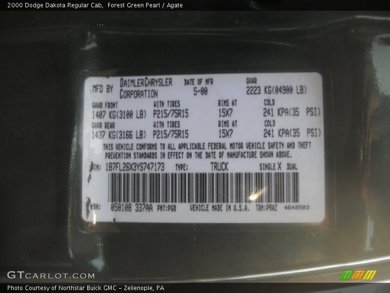 Forest Green Pearl / Agate 2000 Dodge Dakota Regular Cab