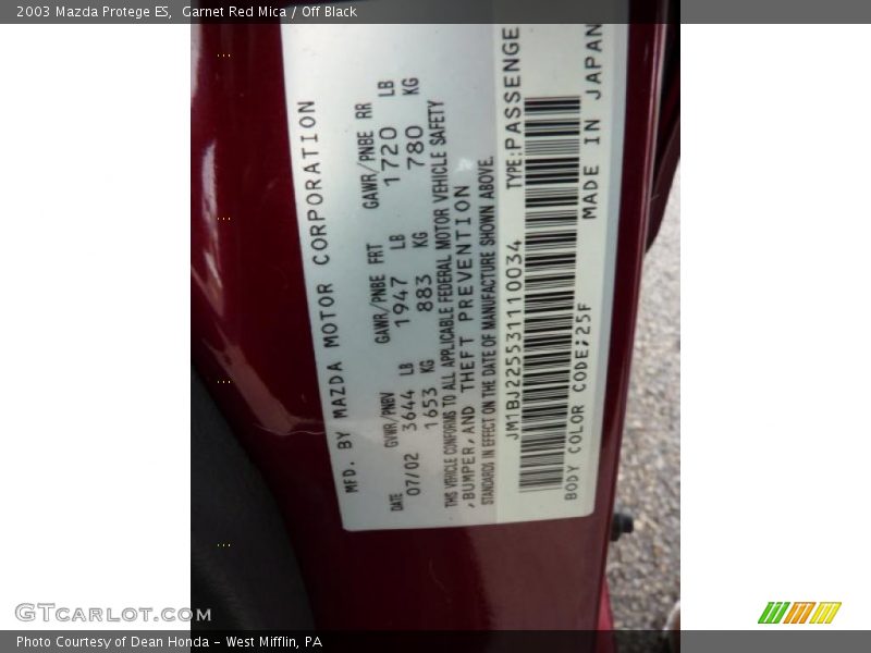 Garnet Red Mica / Off Black 2003 Mazda Protege ES