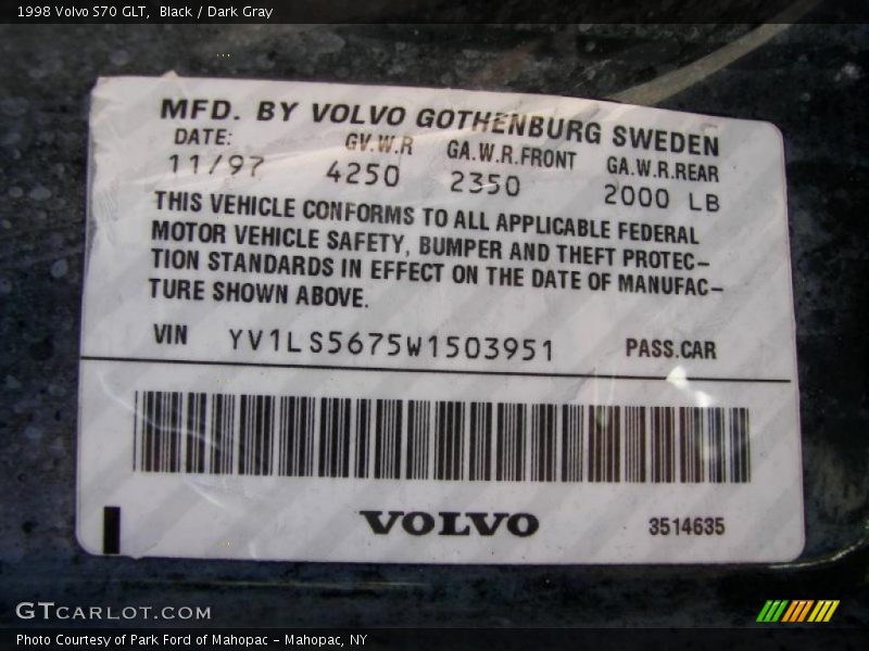 Info Tag of 1998 S70 GLT