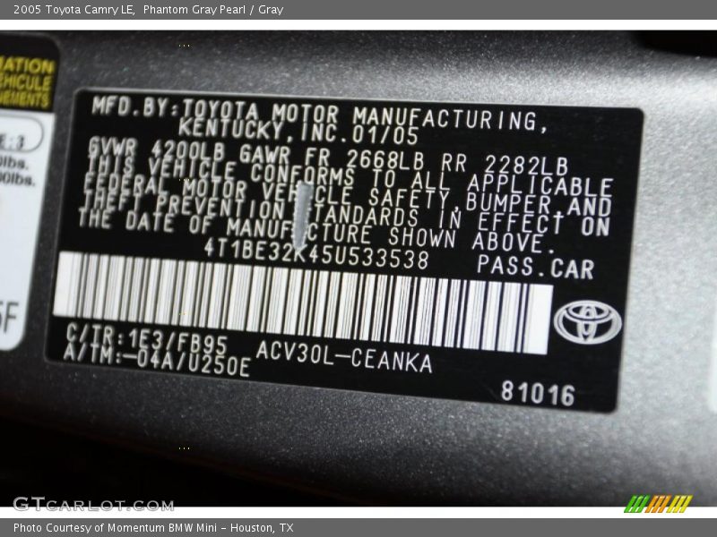 Phantom Gray Pearl / Gray 2005 Toyota Camry LE