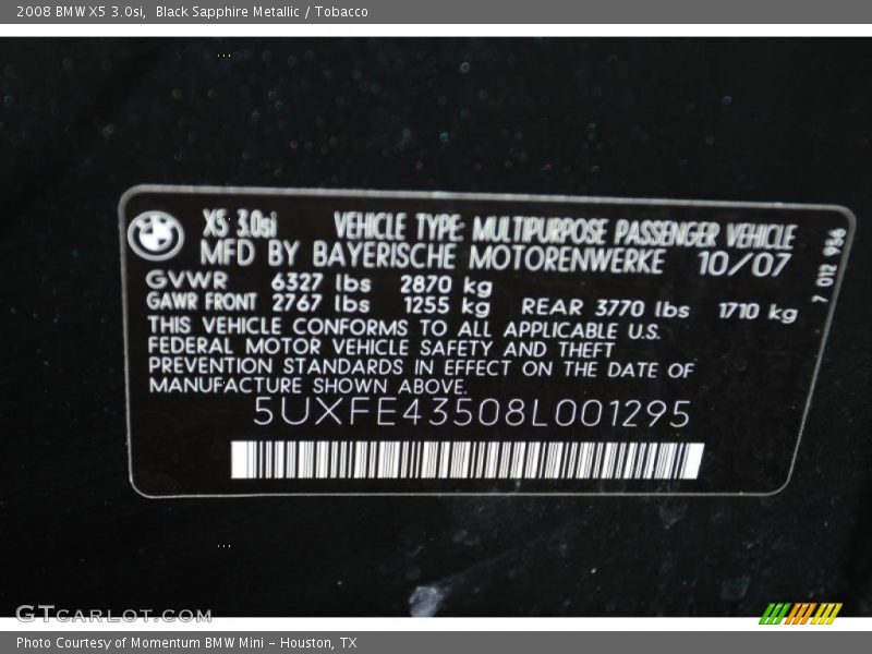 Black Sapphire Metallic / Tobacco 2008 BMW X5 3.0si