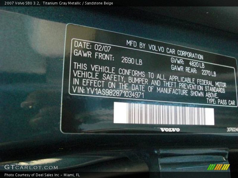 Titanium Gray Metallic / Sandstone Beige 2007 Volvo S80 3.2