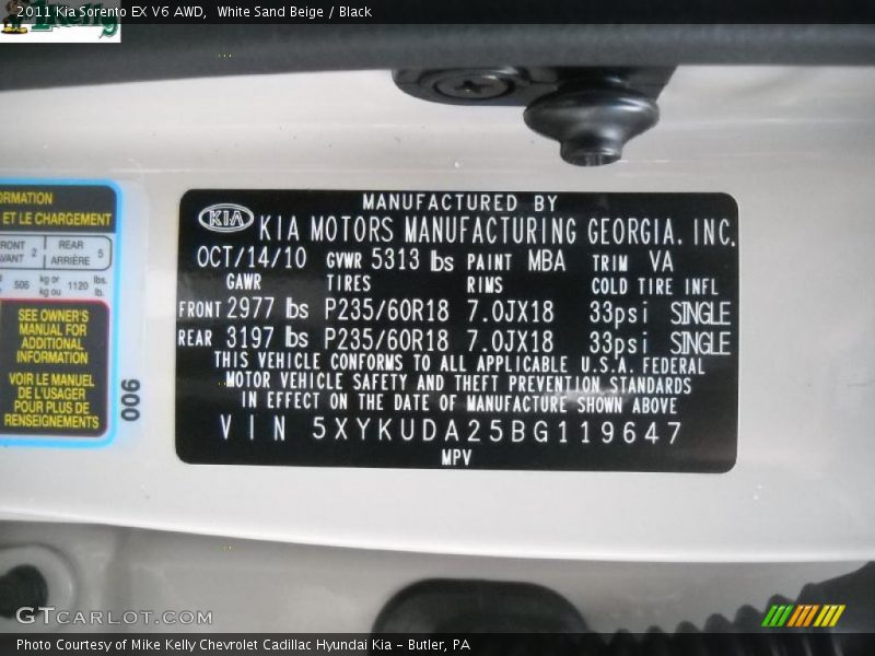 2011 Sorento EX V6 AWD White Sand Beige Color Code MBA