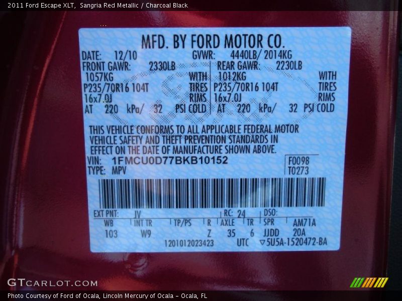 Sangria Red Metallic / Charcoal Black 2011 Ford Escape XLT