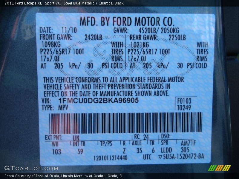 Steel Blue Metallic / Charcoal Black 2011 Ford Escape XLT Sport V6