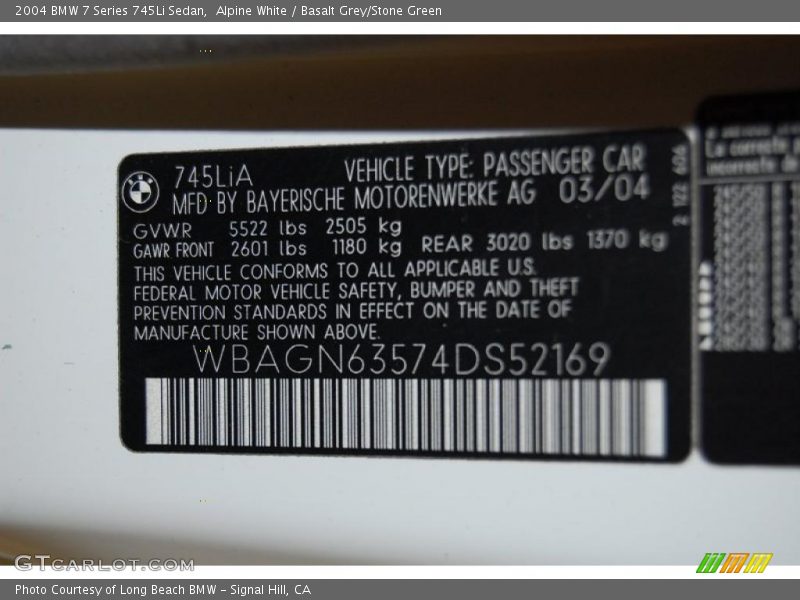 Info Tag of 2004 7 Series 745Li Sedan