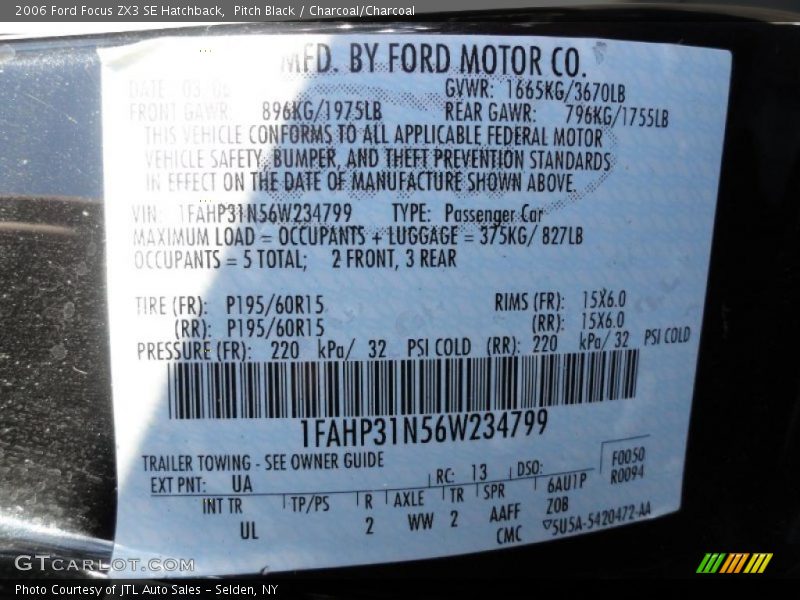 2006 Focus ZX3 SE Hatchback Pitch Black Color Code UA
