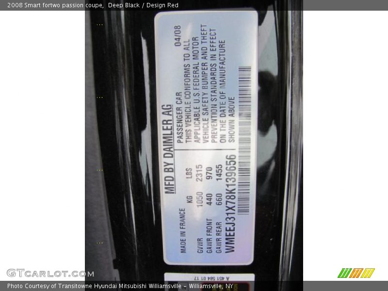 Info Tag of 2008 fortwo passion coupe