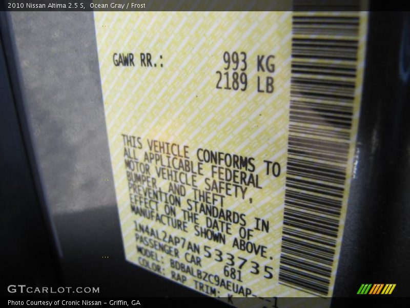 Ocean Gray / Frost 2010 Nissan Altima 2.5 S