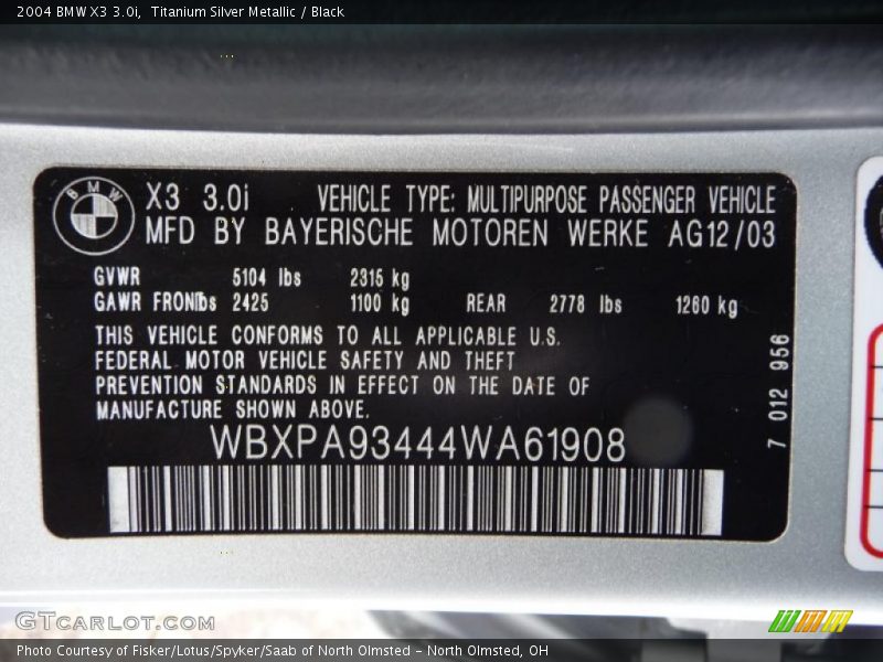 Titanium Silver Metallic / Black 2004 BMW X3 3.0i