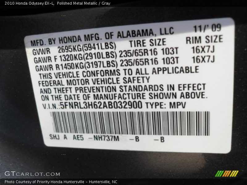 Polished Metal Metallic / Gray 2010 Honda Odyssey EX-L