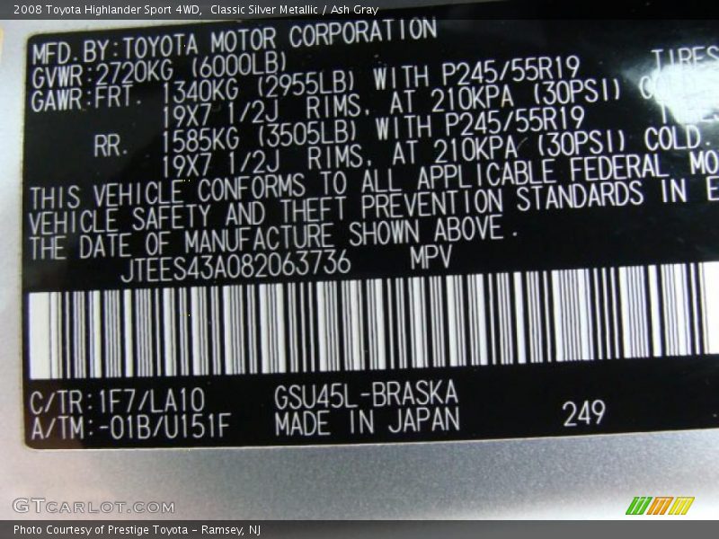 Classic Silver Metallic / Ash Gray 2008 Toyota Highlander Sport 4WD