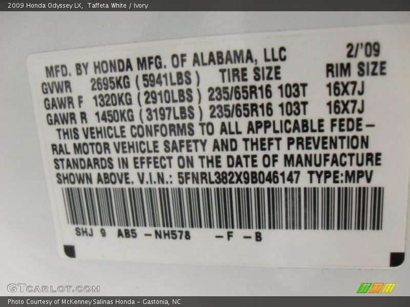 Taffeta White / Ivory 2009 Honda Odyssey LX