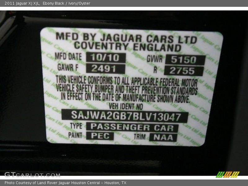 Ebony Black / Ivory/Oyster 2011 Jaguar XJ XJL