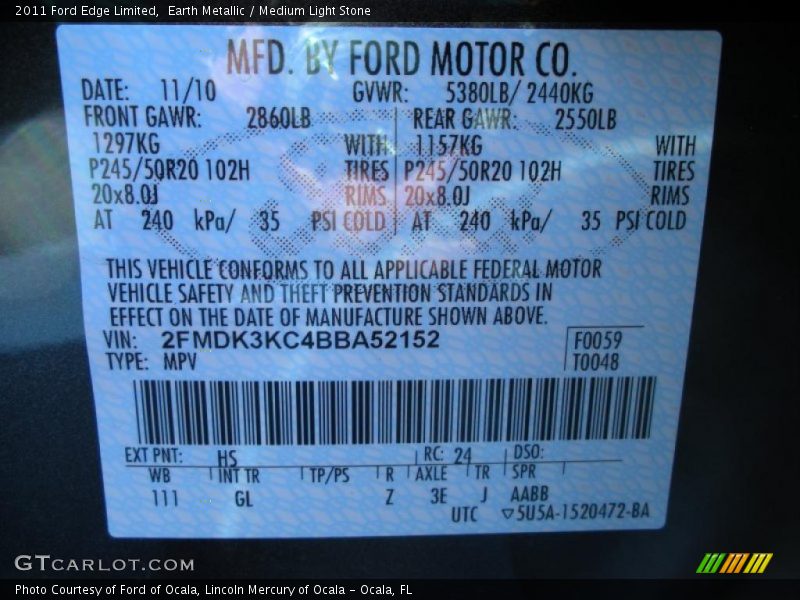 Earth Metallic / Medium Light Stone 2011 Ford Edge Limited