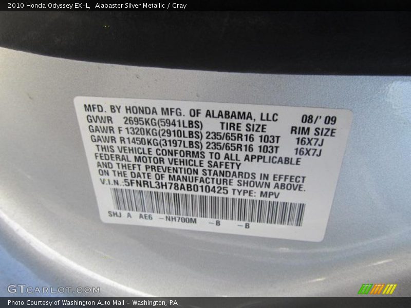 Alabaster Silver Metallic / Gray 2010 Honda Odyssey EX-L