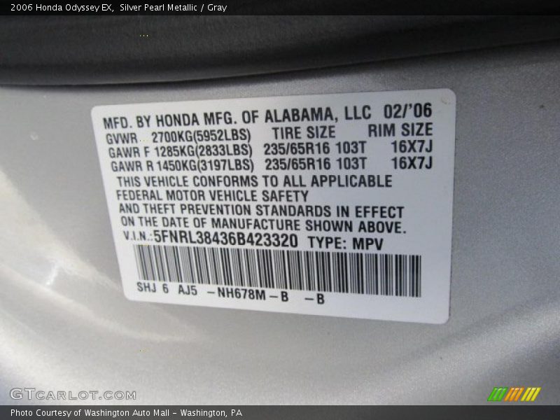 Silver Pearl Metallic / Gray 2006 Honda Odyssey EX