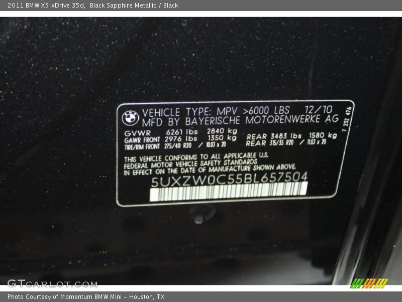 Info Tag of 2011 X5 xDrive 35d