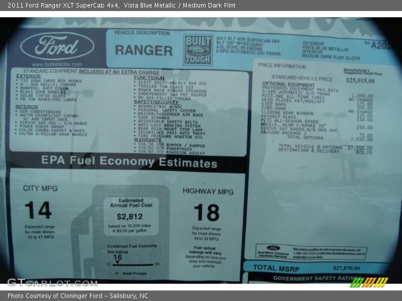 Vista Blue Metallic / Medium Dark Flint 2011 Ford Ranger XLT SuperCab 4x4