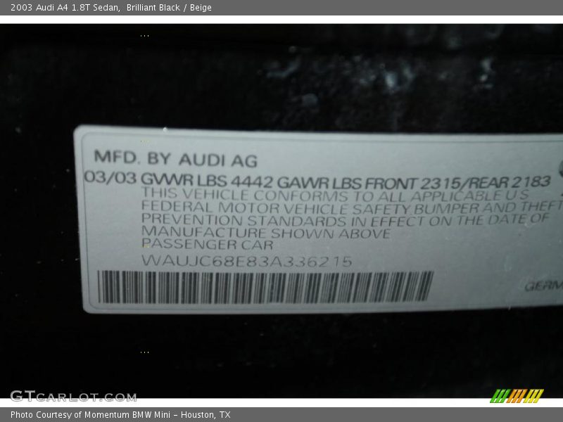 Brilliant Black / Beige 2003 Audi A4 1.8T Sedan