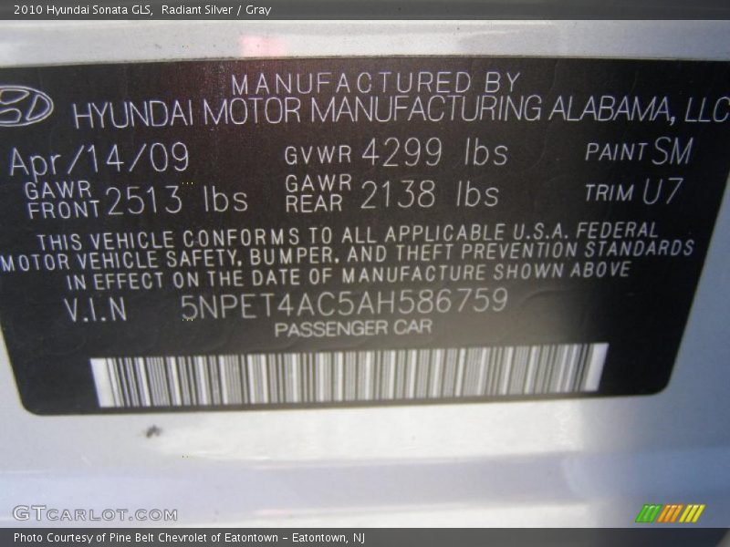 Radiant Silver / Gray 2010 Hyundai Sonata GLS