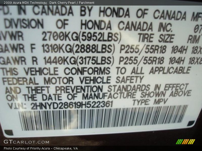 Dark Cherry Pearl / Parchment 2009 Acura MDX Technology