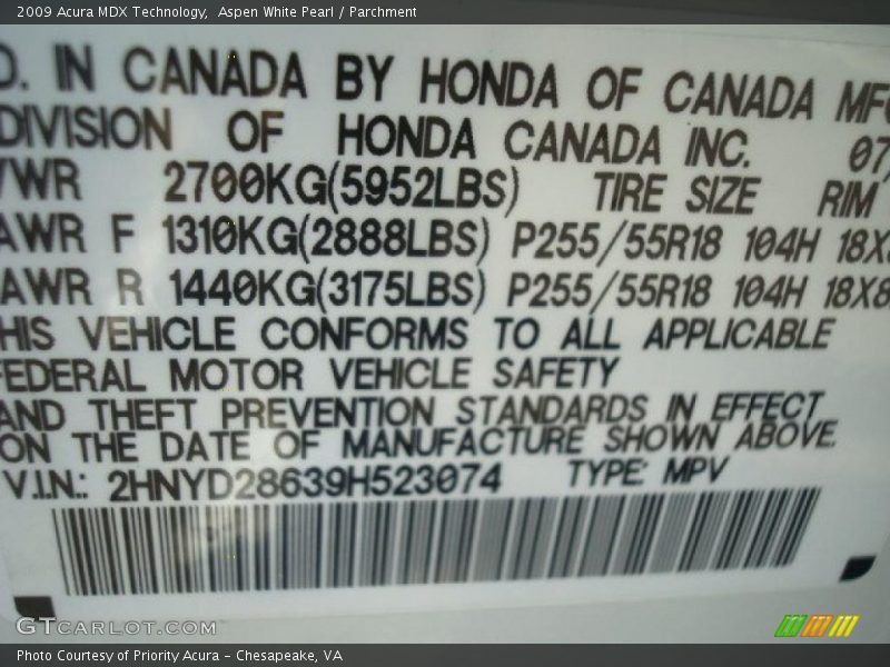 Aspen White Pearl / Parchment 2009 Acura MDX Technology