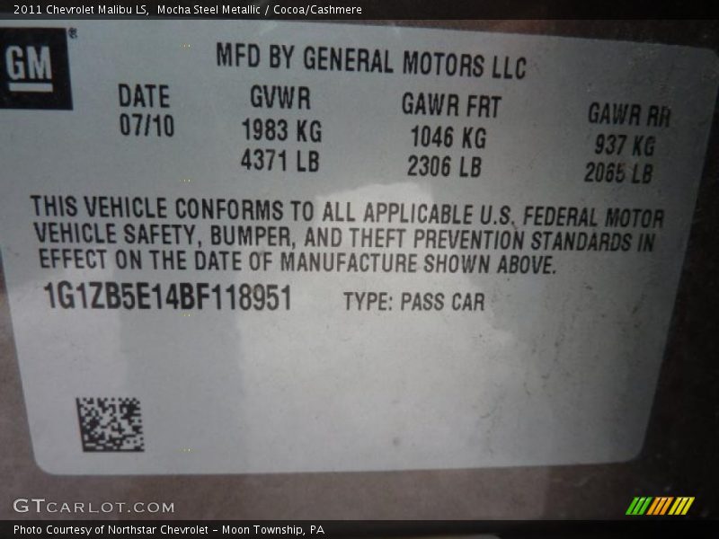 Mocha Steel Metallic / Cocoa/Cashmere 2011 Chevrolet Malibu LS