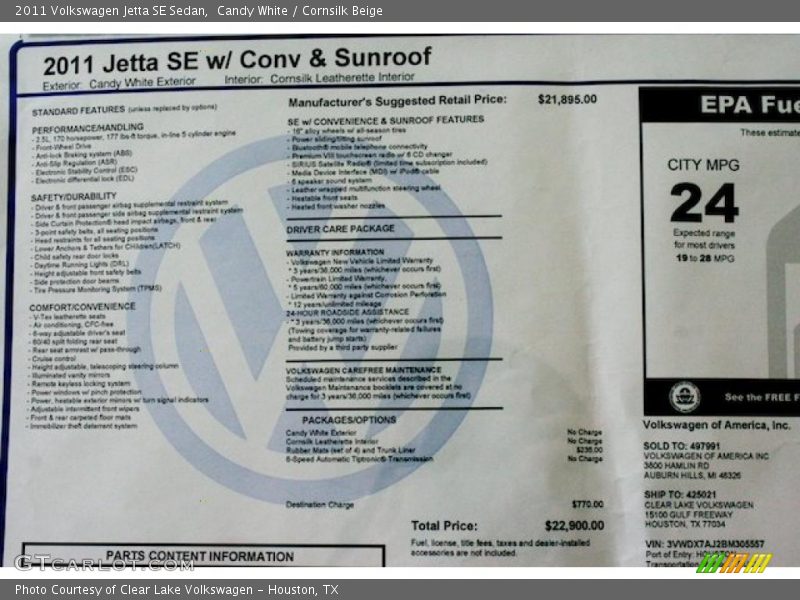  2011 Jetta SE Sedan Window Sticker