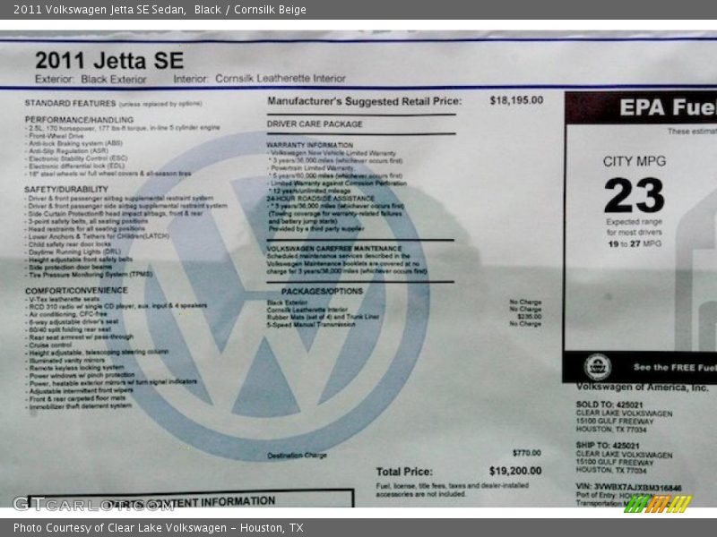  2011 Jetta SE Sedan Window Sticker