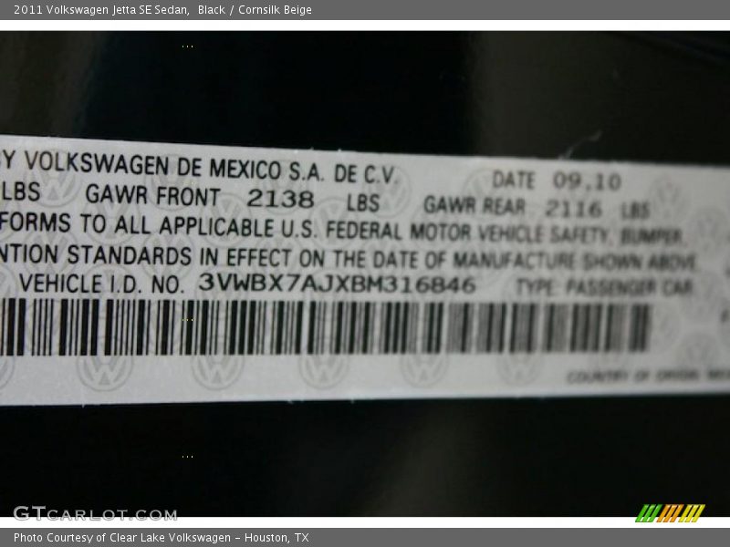 Info Tag of 2011 Jetta SE Sedan