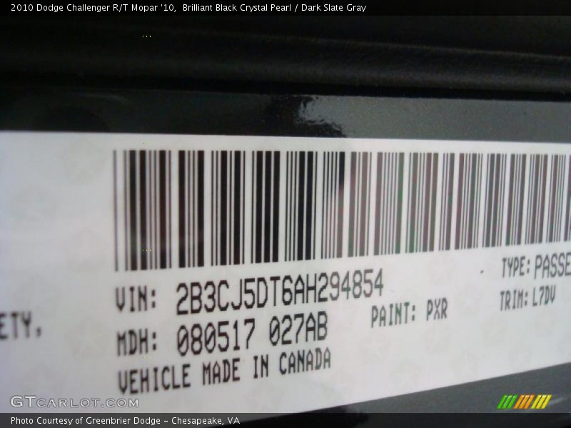 2010 Challenger R/T Mopar '10 Brilliant Black Crystal Pearl Color Code PXR