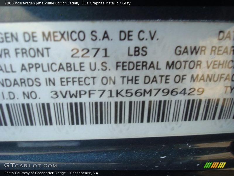 Blue Graphite Metallic / Grey 2006 Volkswagen Jetta Value Edition Sedan