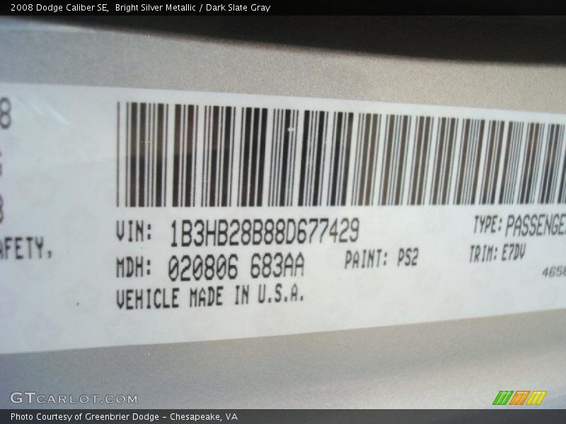 Bright Silver Metallic / Dark Slate Gray 2008 Dodge Caliber SE