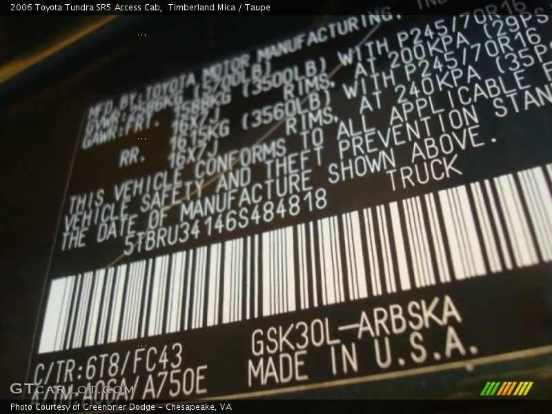 2006 Tundra SR5 Access Cab Timberland Mica Color Code 6T8