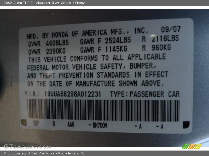 Alabaster Silver Metallic / Ebony 2008 Acura TL 3.2