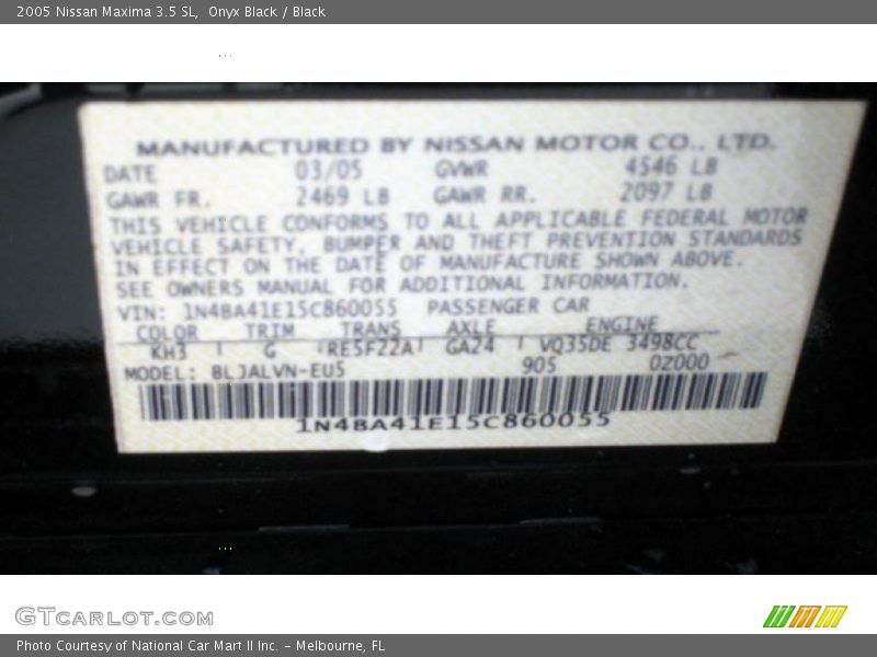 Onyx Black / Black 2005 Nissan Maxima 3.5 SL