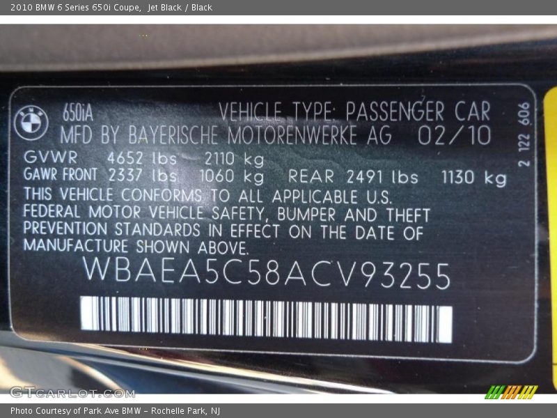 Info Tag of 2010 6 Series 650i Coupe