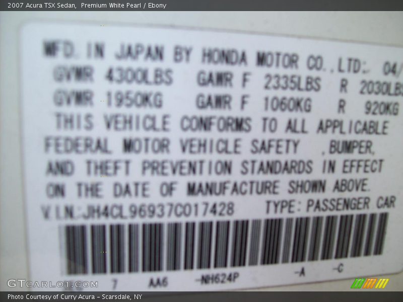 Premium White Pearl / Ebony 2007 Acura TSX Sedan
