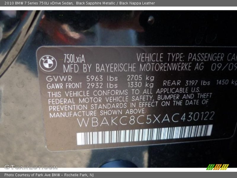 Info Tag of 2010 7 Series 750Li xDrive Sedan