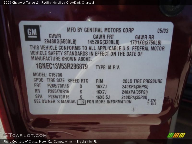 Redfire Metallic / Gray/Dark Charcoal 2003 Chevrolet Tahoe LS