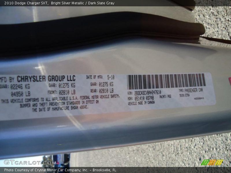 Bright Silver Metallic / Dark Slate Gray 2010 Dodge Charger SXT